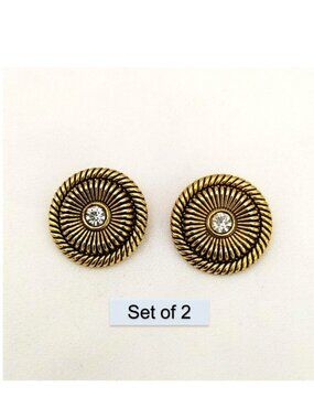Set of 2 Brass Rope Style Metal Button Round Vintage Gold Shank Clear Stone 17mm